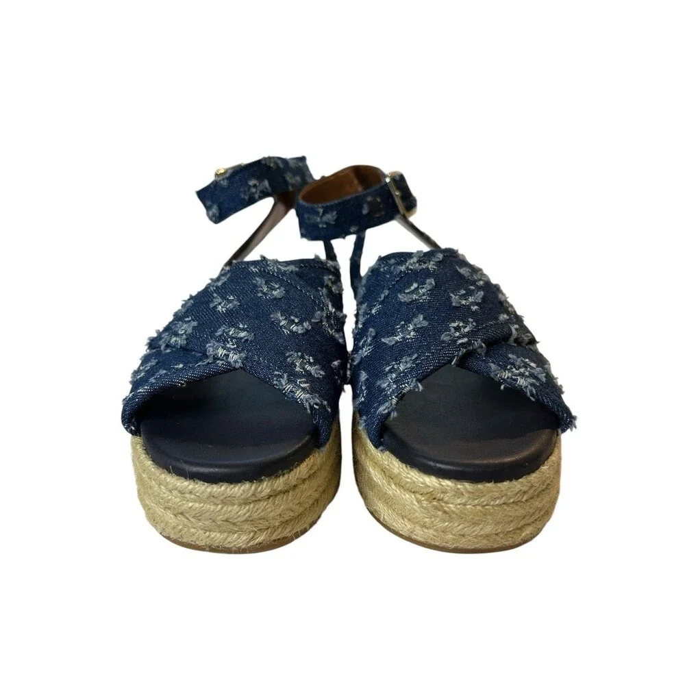 Nine West Espadrille Platform Sandals 6M Showrunner Denim Ankle Strap Open Toe